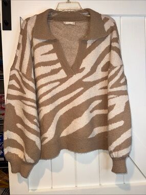 Altar'd State Taupe and Cream Zebra-Print V-Neck Sweater